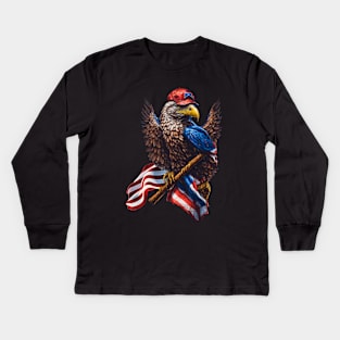 An eagle, an American flag and a baseball hat Kids Long Sleeve T-Shirt